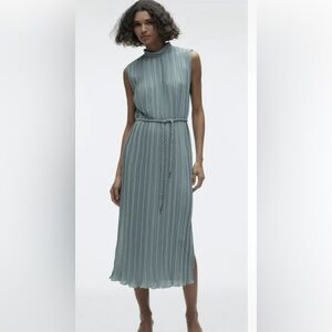 ZARA French Sleeveless Long Skirt Women's Belt Stand Collar Pleated NWT size S.